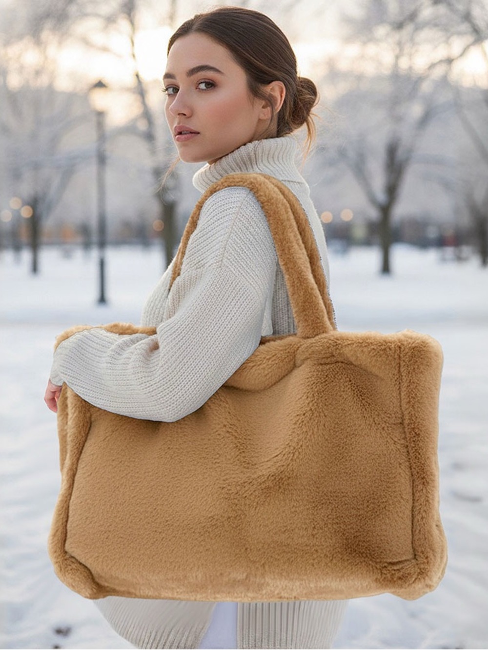 Faux Tote Bag in Camel - Women's Plush Shoulder Bag